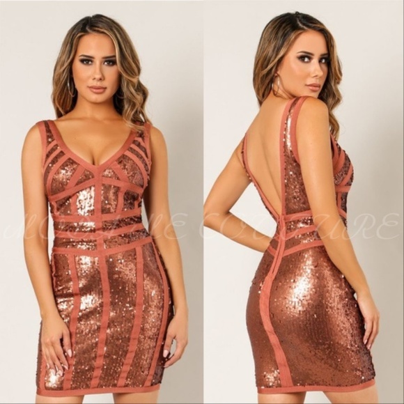 GLAM DOLLZ Rust Sequin Mini Dress - Picture 1 of 4